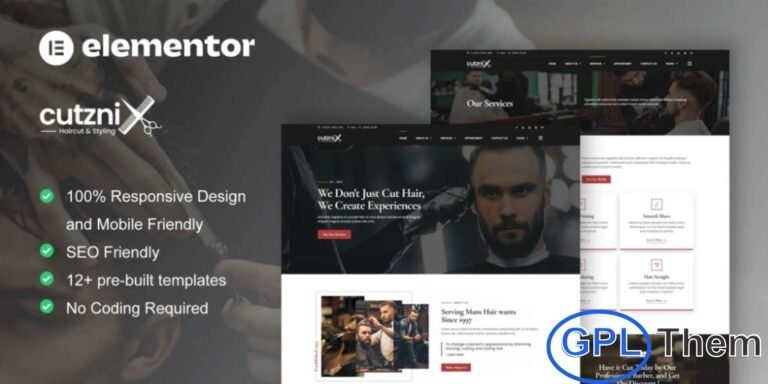 Cutznix – Barbershop & Hair Salon Elementor Template Kit Cutznix is a modern and professional Barbershop & Hair Salon Elementor Template Kit designed to create stylish grooming websites with ease. This template kit is ideal for barbershops, hair salons, grooming studios, and personal stylists offering services such as haircuts, beard trimming, smooth shaving, face masking, hair coloring, and hair styling.