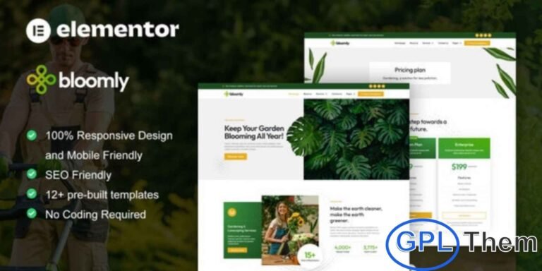 Bloomly – Landscape & Gardening Service Elementor Pro Template Kit is a modern and professional solution designed for landscaping, gardening, and lawn care businesses. This Elementor Pro Template Kit is perfect for landscaping companies, garden designers, outdoor decoration services, and lawn maintenance providers. Bloomly includes 12+ pre-built templates featuring stylish, modern, and visually appealing designs that help showcase your services and projects effectively.