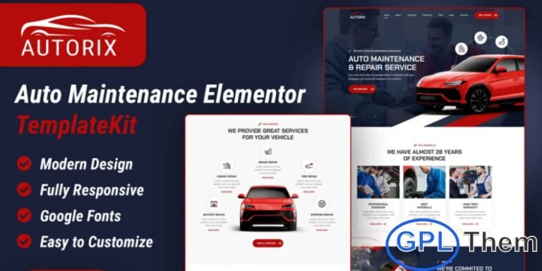 Autorix – Auto Maintenance & Repair Elementor Template Kit Autorix is a modern and professional Auto Maintenance Elementor Template Kit designed for car repair shops, auto service centers, and vehicle maintenance businesses. This template kit helps you showcase auto maintenance and repair services with a clean, structured, and visually appealing design.