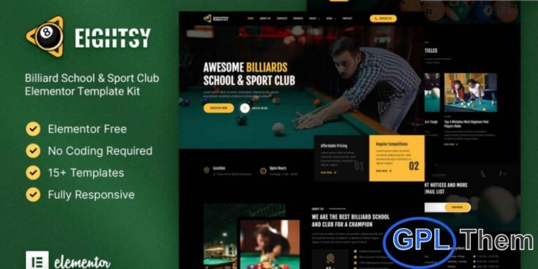 Billierd – Billiard School & Sport Club Elementor Template Kit is a professional and easy-to-use solution for creating websites for billiard schools, sports clubs, and recreational centers. Designed for the Elementor Page Builder plugin for WordPress, this template kit allows you to build a modern, fully functional website quickly without coding. Billierd is not a WordPress theme but provides pre-designed page content for Elementor, making customization simple and efficient.