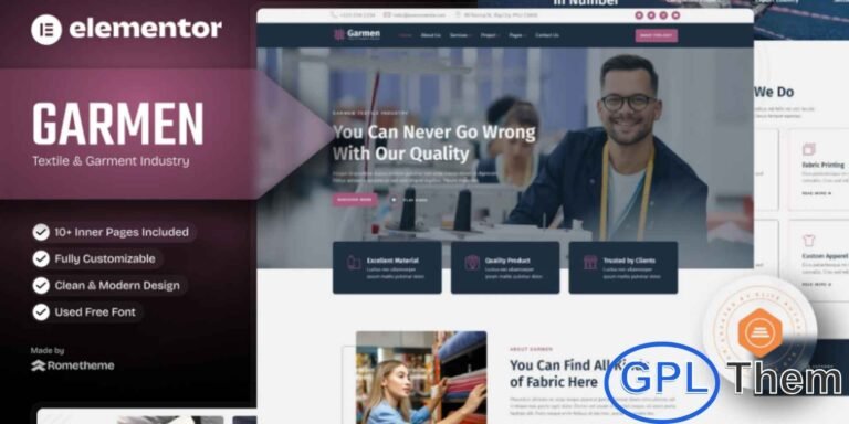 Garmen – Textile & Garment Industry Elementor Template Kit Garmen is a modern and professional Elementor Template Kit designed specifically for Textile & Garment Industry websites. This template kit is ideal for textile businesses, garment manufacturers, clothing companies, fabric factories, and other manufacturing-related services.