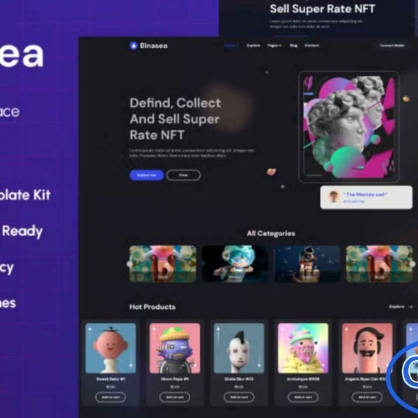 Binasea – NFT Marketplace Elementor Template Kit is a modern and innovative solution designed for creating professional NFT marketplace websites using Elementor. This template kit is perfect for non-fungible tokens, crypto collectibles, digital art, crypto art, fashion NFTs, and NFT game items. Binasea allows you to build an online marketplace where users can buy, sell, trade, and auction NFT assets with ease.