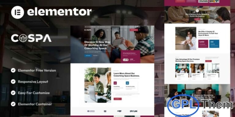 Cospa – Coworking Space & Virtual Office Elementor Template Kit Cospa is a modern and professional Elementor Template Kit designed for coworking spaces, virtual offices, and shared workspace businesses. This template kit is perfect for startup hubs, remote work centers, business incubators, and office rental services looking to create a clean and engaging online presence.