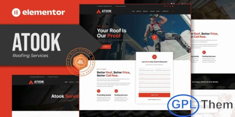 Atook – Roofing Services Elementor Template Kit Atook is a professional Roofing Services Elementor Template Kit designed for roofing companies, construction businesses, and service providers. This template kit includes 14+ pre-built templates with a clean, modern, and fully responsive design for a polished online presence.