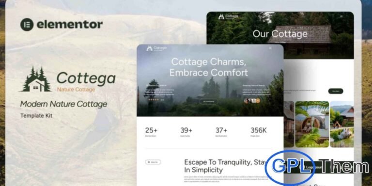 Cottega – Modern Nature Cottage Elementor Template Kit Cottega is a stylish and professional Elementor Template Kit designed for nature cottages, eco-lodges, vacation rentals, and hospitality businesses. This template kit is perfect for showcasing accommodations, amenities, booking options, and scenic surroundings in a visually appealing way.