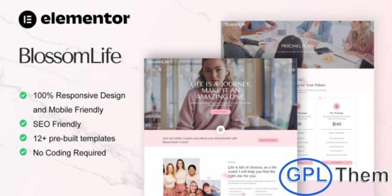 BlossomLife – Woman Life Coach & Consulting Elementor Template Kit is a beautiful and professional web solution designed specifically for women life coaches, consultants, and personal development experts. This Elementor Template Kit is ideal for female coaches, mentors, and agencies offering life coaching, online courses, business consulting, career coaching, personal growth, and relationship coaching services.