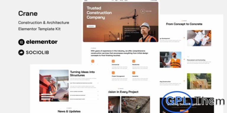 Crane – Construction & Architecture Elementor Template Kit Crane is a professional and modern Elementor Template Kit designed to help construction and architecture businesses create a fully functional website quickly. This template kit is perfect for construction companies, architects, builders, contractors, engineering firms, renovation specialists, and home developers.