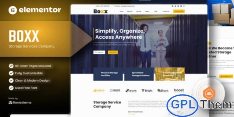 Boxx – Storage Services Company Elementor Template Kit is a modern and professional web solution designed specifically for storage service companies and logistics-related businesses. This Elementor Template Kit is ideal for storage services, packaging companies, warehouses, inventory management, cargo services, and corporate service providers. Boxx features a clean, unique, and business-focused design that helps present services clearly and build customer trust.