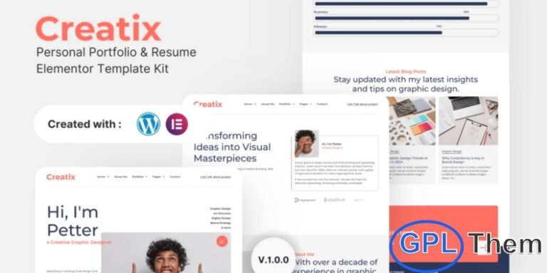 Creatix – Personal Portfolio & Resume Elementor Template Kit Creatix is a modern and professional Elementor Template Kit designed specifically for personal portfolios, resumes, and creative professionals. This template kit is perfect for freelancers, designers, developers, artists, and anyone looking to showcase their work, skills, and achievements online.
