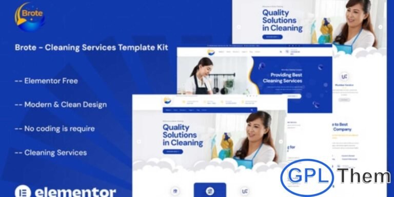 Brote – Cleaning Services Elementor Template Kit is a clean and professional web solution designed for residential and commercial cleaning service businesses. This Elementor Template Kit is ideal for house cleaning, office cleaning, janitorial services, maid services, and maintenance companies. Brote features a modern, user-friendly design that helps showcase services, pricing, and company expertise clearly.