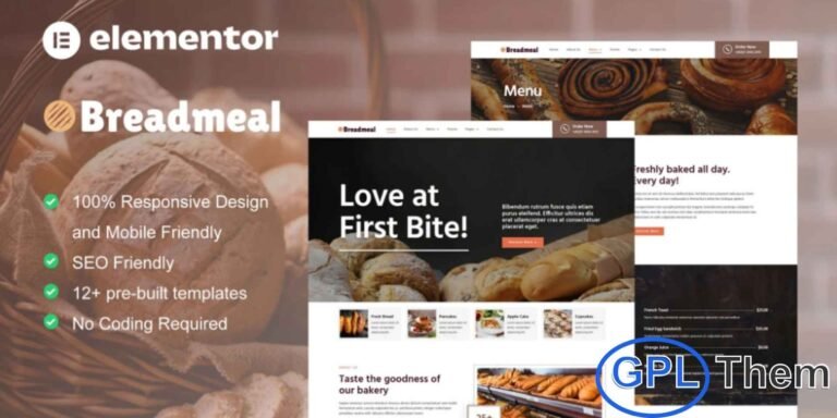 BreadMeal – Bakery & Cake Elementor Template Kit is a beautiful and modern web solution designed specifically for bakeries, cake shops, pastry stores, and dessert businesses. This Elementor Template Kit helps you create a professional and visually appealing bakery website with ease. BreadMeal features a clean layout and modern design style that highlights products, menus, and special offers effectively. With 12+ pre-built templates, you can quickly build a complete website for your bakery or cake shop.