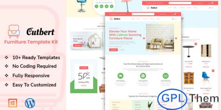 Cutbert – Furniture Store Elementor Pro Template Kit Cutbert is a modern and professional Elementor Pro Template Kit designed specifically for online furniture stores. This template kit is perfect for furniture retailers, interior decor shops, home furnishing stores, and online marketplaces selling sofas, chairs, beds, and other furniture items.