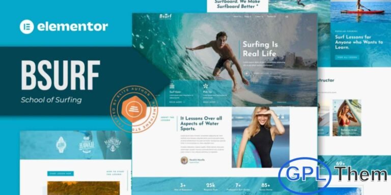 Bsurf – Surfing School Elementor Template Kit is a modern and energetic web solution designed for surfing schools, surf instructors, and water sports businesses. This Elementor Template Kit includes 16+ pre-built templates with a clean, fully responsive, and easily customizable design. Bsurf is ideal for surfing lessons, surf camps, events, and surf-related businesses. The layouts are crafted to showcase classes, instructors, schedules, and surfing projects in an engaging and visually appealing way.