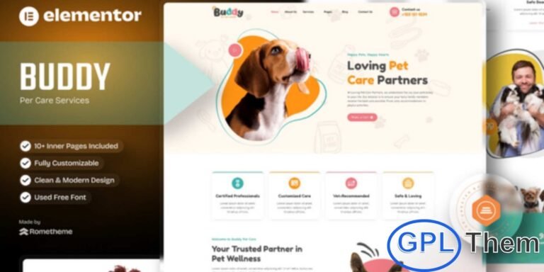 Buddy – Pet Care Services Elementor Template Kit is a modern and friendly web solution designed specifically for pet care and animal service businesses. This Elementor Template Kit is ideal for pet grooming services, veterinary clinics, pet sitters, dog trainers, and animal lovers. Buddy features a clean, unique, and engaging design that helps showcase services, care programs, and pet-friendly facilities effectively. The 100% fully responsive layout ensures your website looks great on all devices.