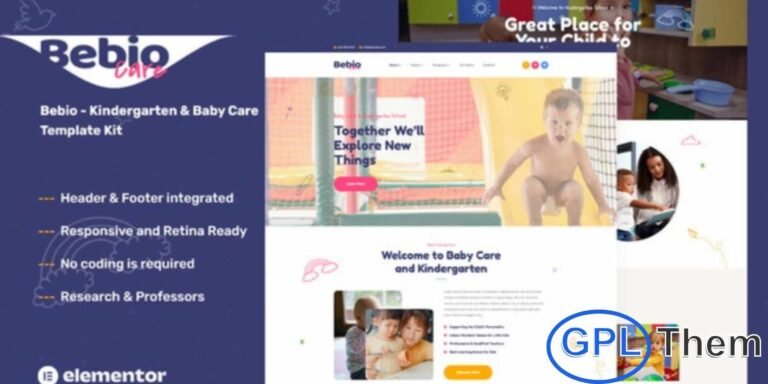 Bebio – Kindergarten & Baby Care Elementor Template Kit is a thoughtfully designed solution for kindergartens, preschools, daycare centers, and baby care services. This template kit features a warm, friendly, and professional design that helps build trust with parents and caregivers.