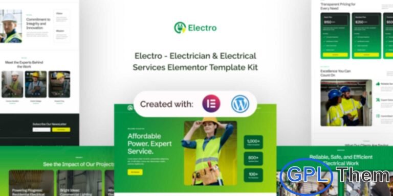 Electro – Electrician & Electrical Services Elementor Template Kit Electro is a professional Elementor Template Kit designed specifically for electricians and electrical service providers. It is ideal for emergency electrical repairs, residential electrical services, commercial electrical work, and maintenance businesses.