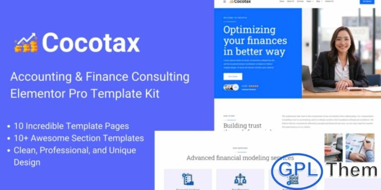 Cocotax – Accounting & Finance Consulting Elementor Pro Template Kit Cocotax is a professional Accounting & Finance Consulting Elementor Pro Template Kit designed for financial service providers and advisory businesses. This template kit is ideal for accounting firms, tax planning services, financial analysis, budget consulting, bookkeeping, and financial advisory companies.