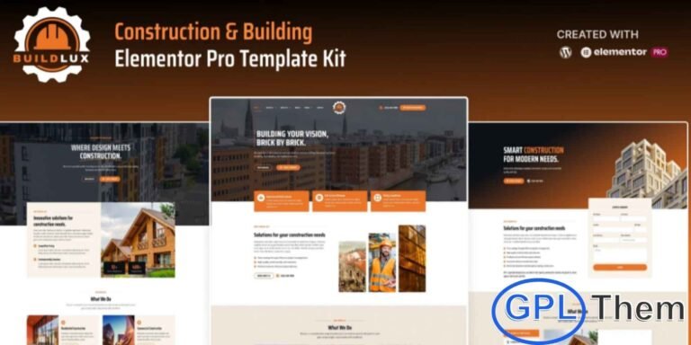 Buildlux – Construction Elementor Pro Template Kit is a professionally crafted solution designed specifically for construction companies and related service businesses. Built with the powerful Elementor Pro page builder for WordPress, this template kit helps you create a strong and trustworthy online presence without any coding. Buildlux includes a collection of ready-made templates tailored for construction services, contractors, builders, and infrastructure projects.