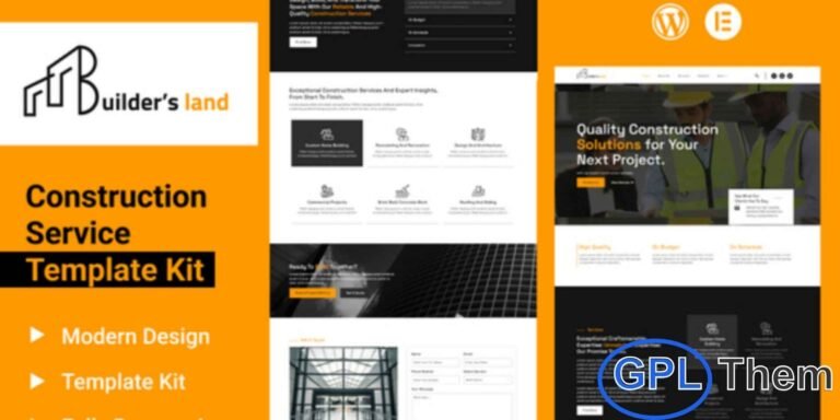 Builders Land – Construction & Building Elementor Template Kit is a modern and professional solution designed to elevate your construction and building business website. This Elementor Template Kit features a sleek, industry-focused design that helps you showcase construction projects, highlight core services, and build trust with potential clients. Builders Land is ideal for construction companies, contractors, builders, architects, and real estate development businesses.