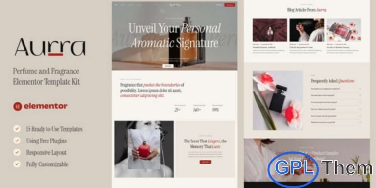 Aurra – Perfume & Fragrance Elementor Template Kit is a stylish and modern website solution designed specifically for perfume, cologne, fragrance, and cosmetic product brands. This Elementor Template Kit helps you present luxury products with a clean, elegant layout that enhances brand identity and visual appeal.