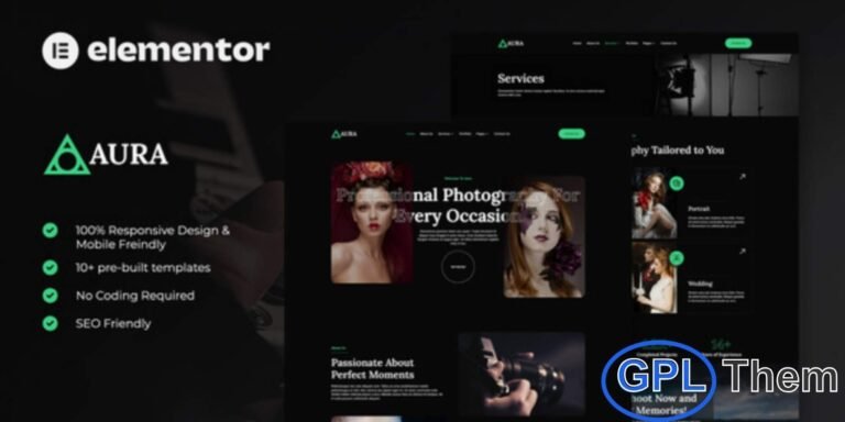 Aura – Photography & Portfolio Elementor Template Kit is a modern and elegant website solution designed for creative professionals and photography portfolios. This Elementor Template Kit is ideal for photographers, creative agencies, designers, videographers, photo studios, and related businesses looking to showcase their work with style. Aura features a clean, artistic layout that highlights visual content and helps present portfolios in a professional and engaging way.